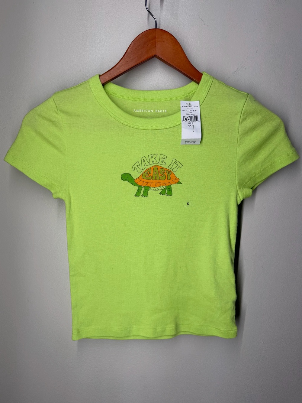 American Eagle Take It Easy Turtle Graphic Baby Tee Neon Green Y2K Fitted Top